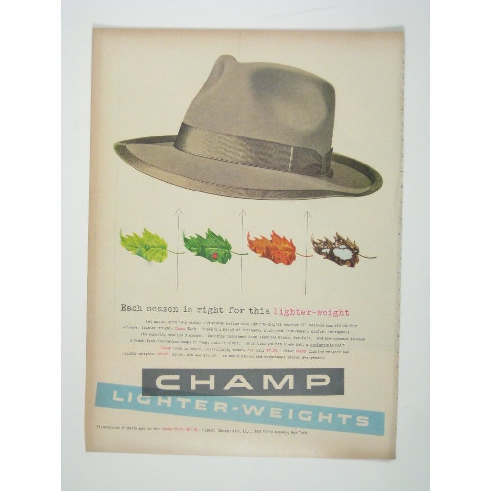Vintage Champ Dash Fedora Hat Lightweight Mens Print Ad MOD 1953